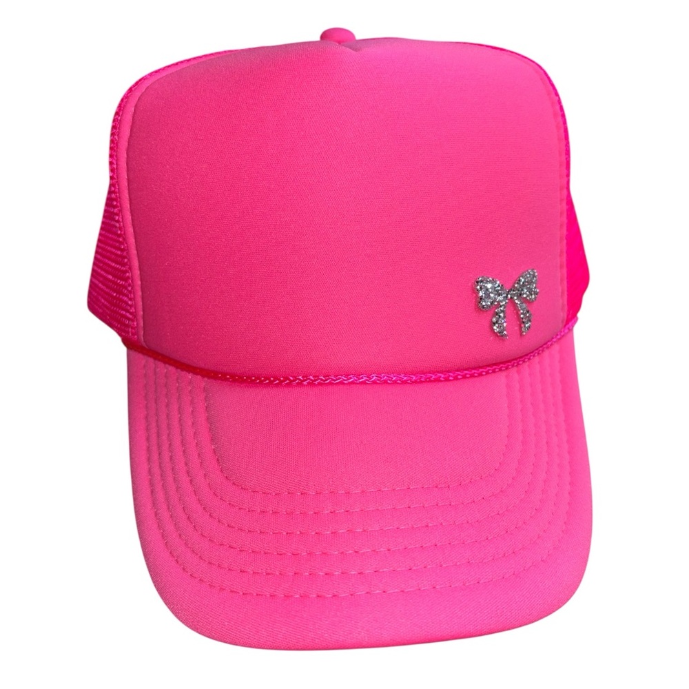 Custom Made Hot Pink Trucker Hat with Accent Beaded Silver Bow